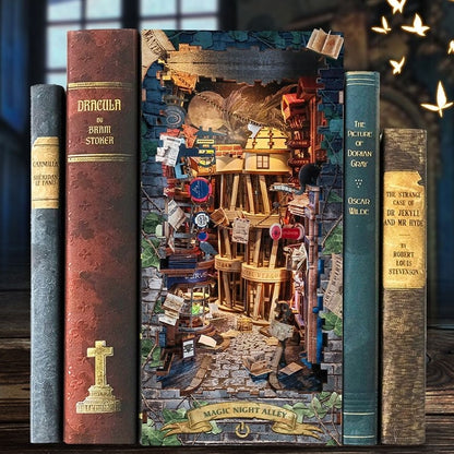 Harry potter inspired Magic Night Alley DIY Book Nook Kit - 3d wooden bookend - bookshelf insert diorama - miniature crafts