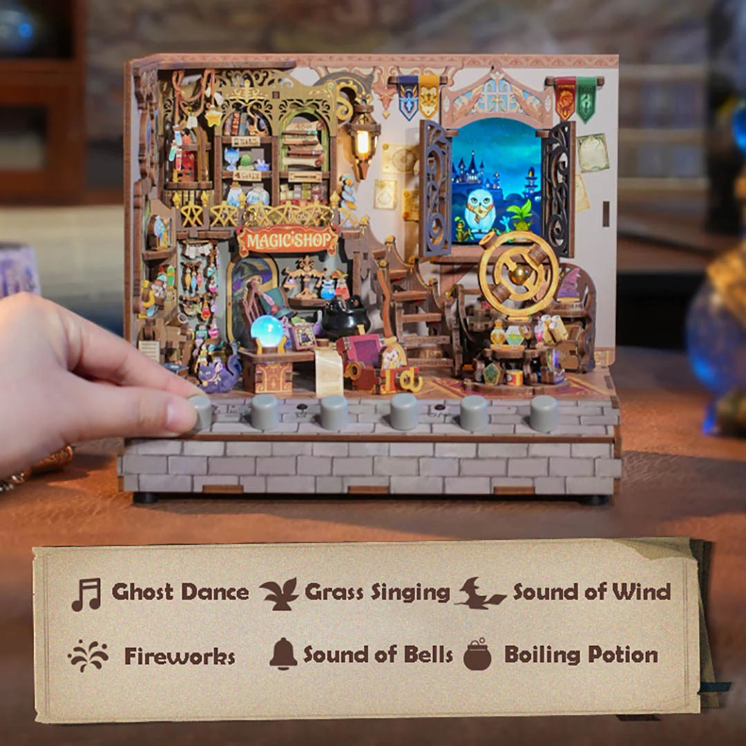 Magic Shop DIY Miniature House Kit | 3D Wooden Puzzles | White Sound Music Box