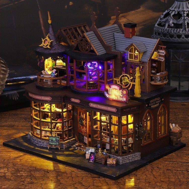 Magic Treasure House DIY Dollhouse Kit featuring a detailed miniature fantasy scene with intricate furniture, colorful decorations, and hidden treasures; designed for crafting enthusiasts to assemble and display as a magical, whimsical addition to any space.