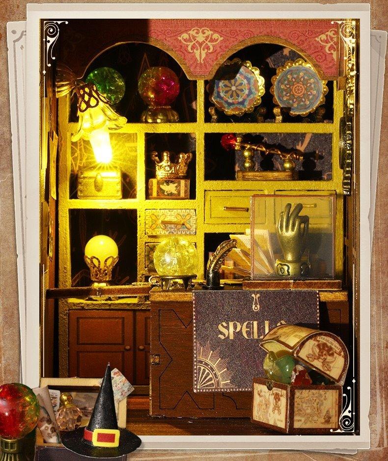 Magic Treasure House DIY Dollhouse Kit featuring a detailed miniature fantasy scene with intricate furniture, colorful decorations, and hidden treasures; designed for crafting enthusiasts to assemble and display as a magical, whimsical addition to any space.