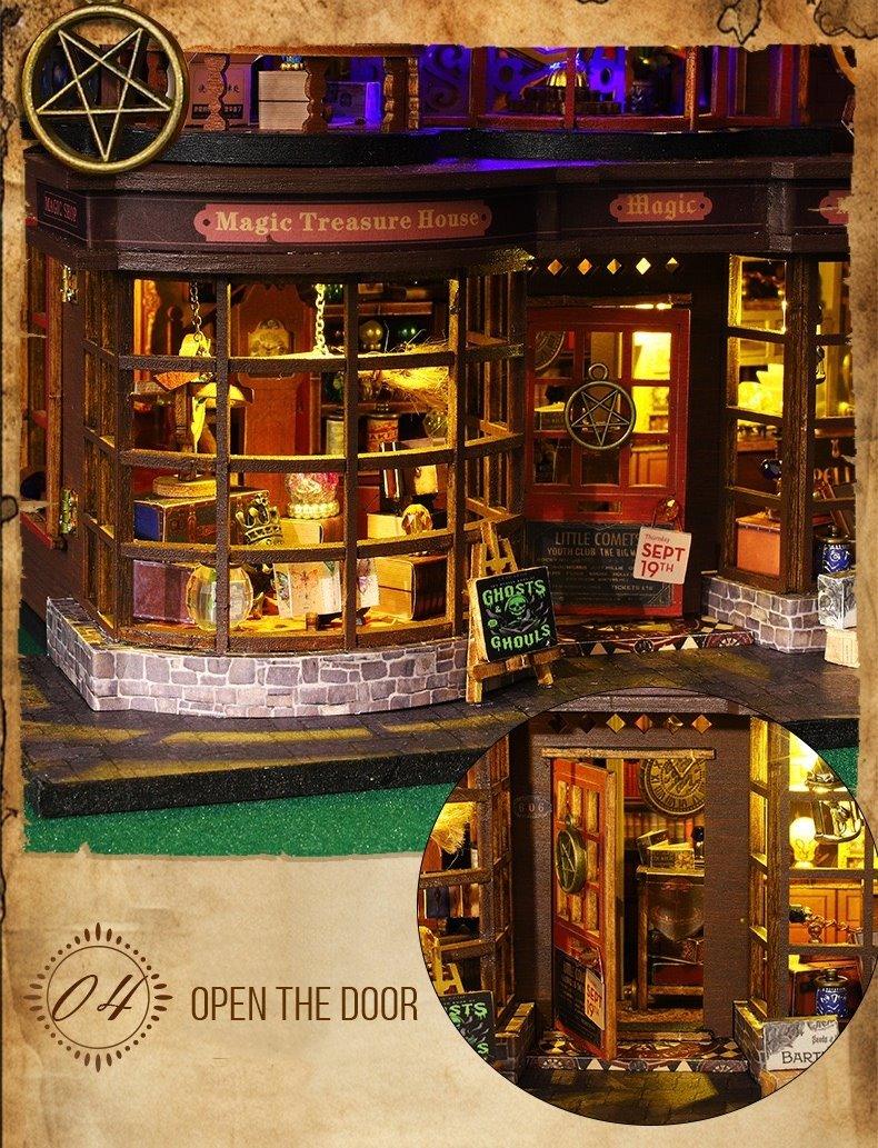 Magic Treasure House DIY Dollhouse Kit featuring a detailed miniature fantasy scene with intricate furniture, colorful decorations, and hidden treasures; designed for crafting enthusiasts to assemble and display as a magical, whimsical addition to any space.