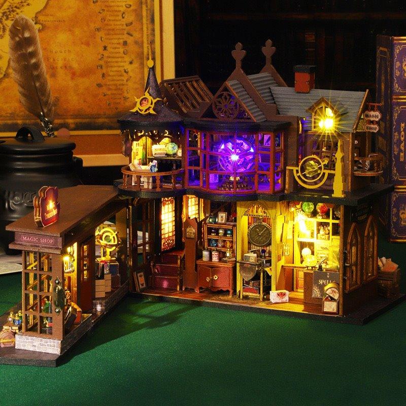 Magic Treasure House DIY Dollhouse Kit featuring a detailed miniature fantasy scene with intricate furniture, colorful decorations, and hidden treasures; designed for crafting enthusiasts to assemble and display as a magical, whimsical addition to any space.