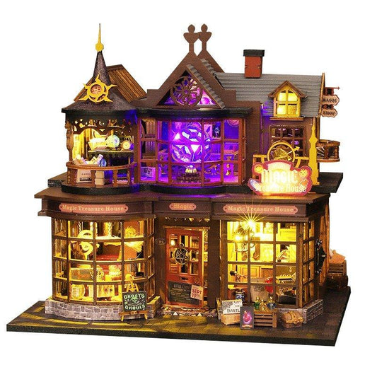 Magic Treasure House DIY Dollhouse Kit featuring a detailed miniature fantasy scene with intricate furniture, colorful decorations, and hidden treasures; designed for crafting enthusiasts to assemble and display as a magical, whimsical addition to any space.