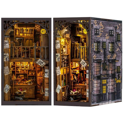 Magic Wand Shop Book Nook Kit, a miniature bookend inspired by Harry Potter. perfect for DIY lovers, dollhouse collectors, bookshelf insert decor, A great DIY 3d puzzle project for magic world fans.