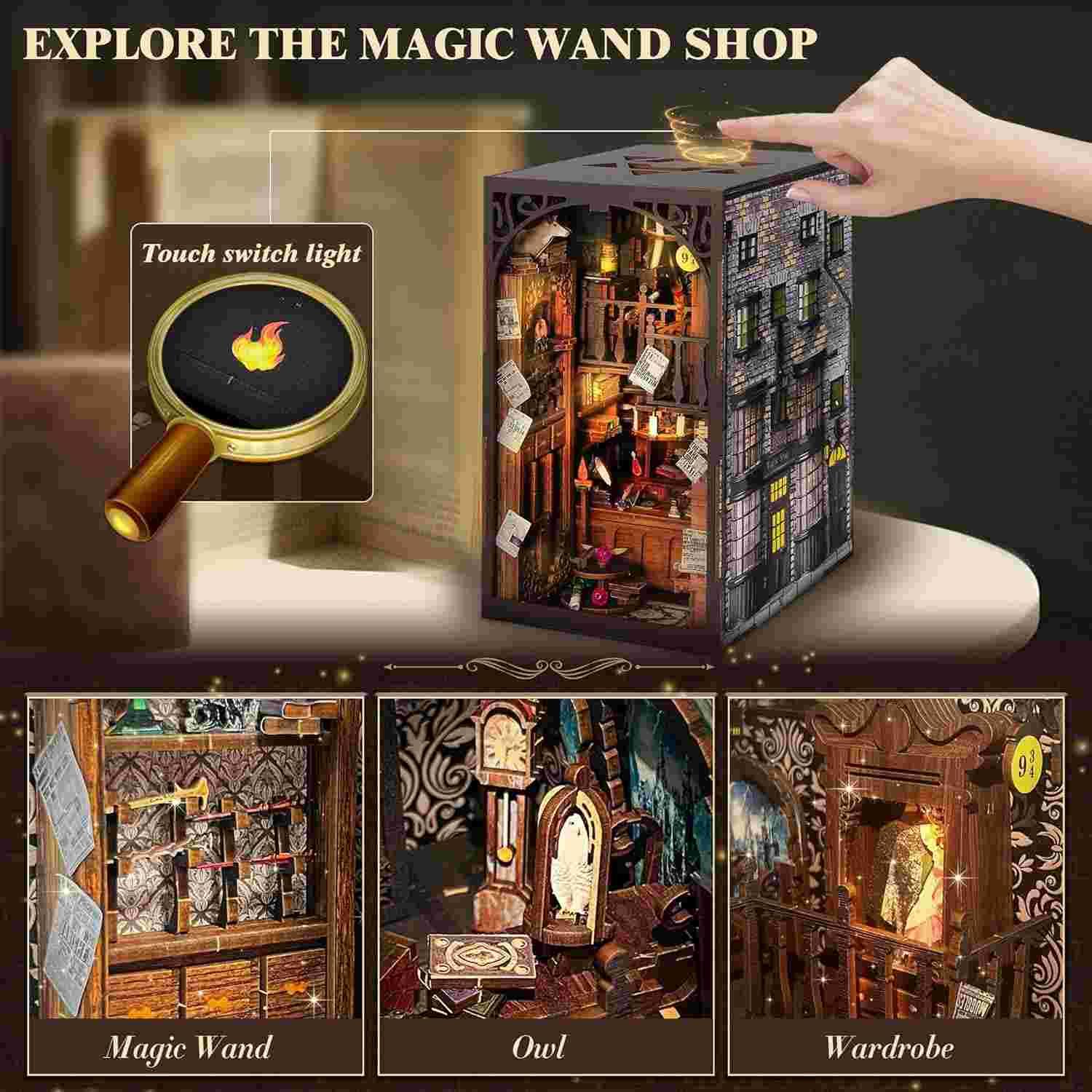 Magic Wand Shop Book Nook Kit, a miniature bookend inspired by Harry Potter. perfect for DIY lovers, dollhouse collectors, bookshelf insert decor, A great DIY 3d puzzle project for magic world fans.