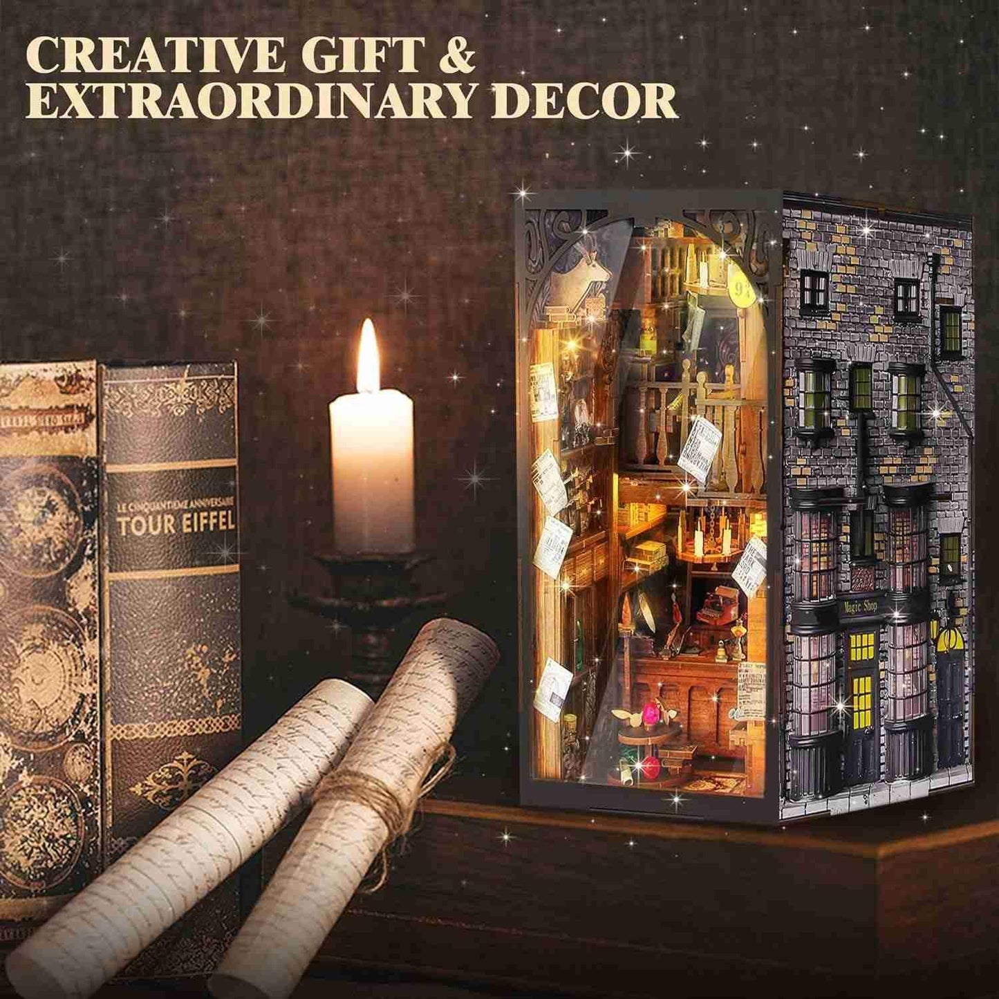 Magic Wand Shop Book Nook Kit, a miniature bookend inspired by Harry Potter. perfect for DIY lovers, dollhouse collectors, bookshelf insert decor, A great DIY 3d puzzle project for magic world fans.