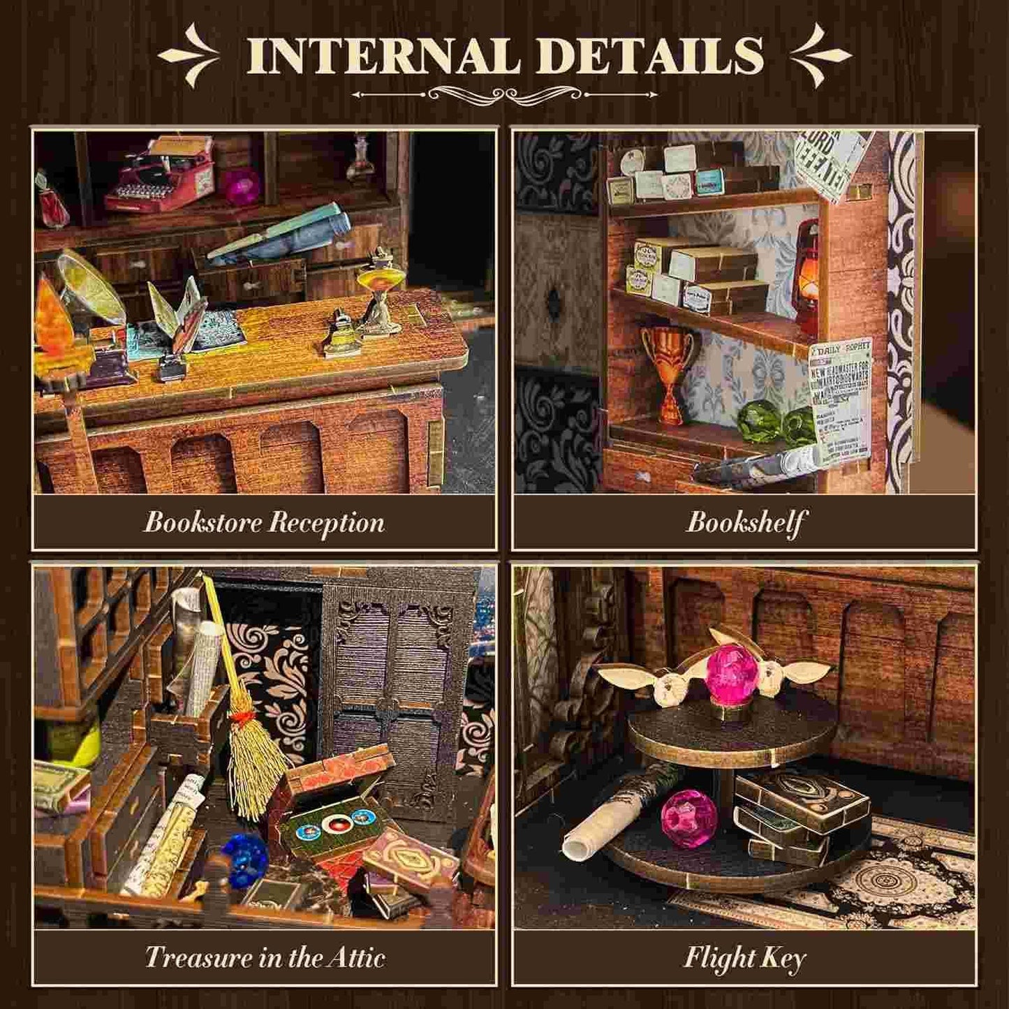 Magic Wand Shop Book Nook Kit, a miniature bookend inspired by Harry Potter. perfect for DIY lovers, dollhouse collectors, bookshelf insert decor, A great DIY 3d puzzle project for magic world fans.