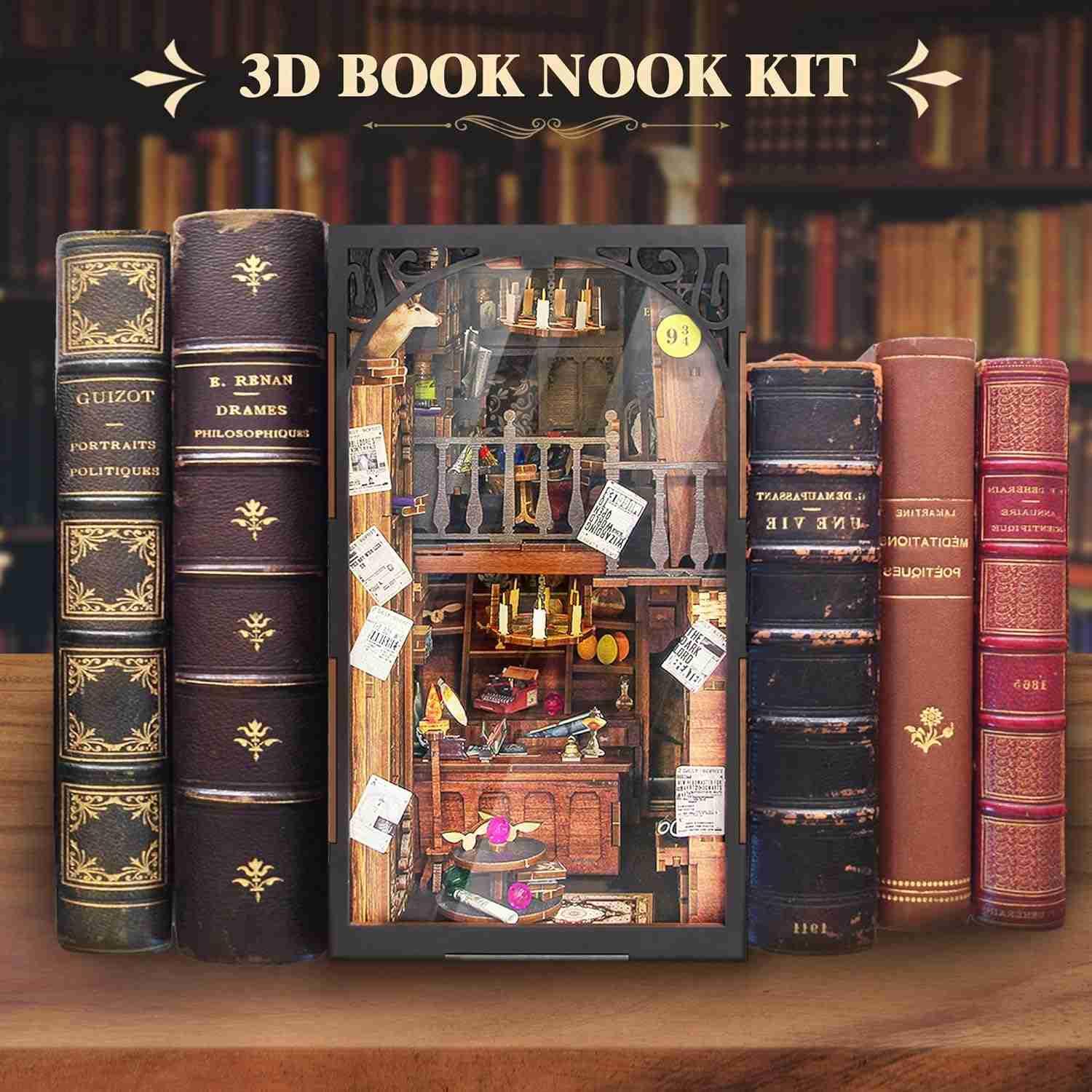 Magic Wand Shop Book Nook Kit, a miniature bookend inspired by Harry Potter. perfect for DIY lovers, dollhouse collectors, bookshelf insert decor, A great DIY 3d puzzle project for magic world fans.