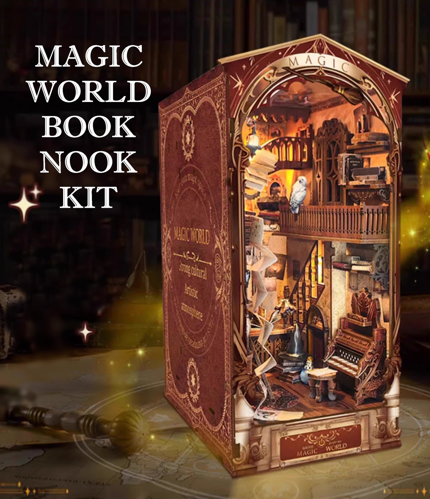 Magic World DIY Book Nook Kit - 3D Wooden Puzzles - Bookend - Bookshelf Insert Diorama - Miniature Crafts