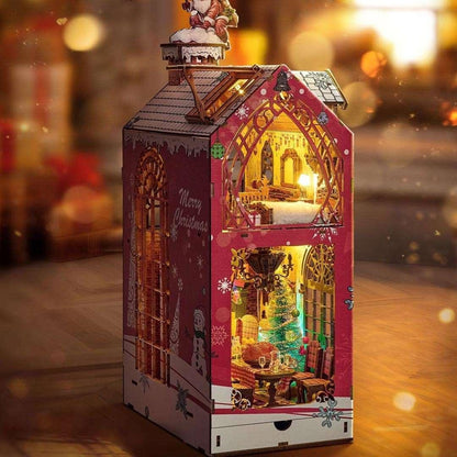 Merry Christmas DIY Book Nook Kit with enchanting miniature scenes, premium quality materials, and an easy 4-hour assembly. Perfect for shelf decor or gifting