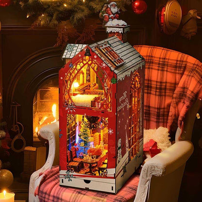 Merry Christmas DIY Book Nook Kit with enchanting miniature scenes, premium quality materials, and an easy 4-hour assembly. Perfect for shelf decor or gifting