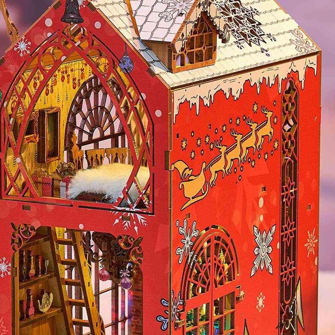 Merry Christmas DIY Book Nook Kit with enchanting miniature scenes, premium quality materials, and an easy 4-hour assembly. Perfect for shelf decor or gifting