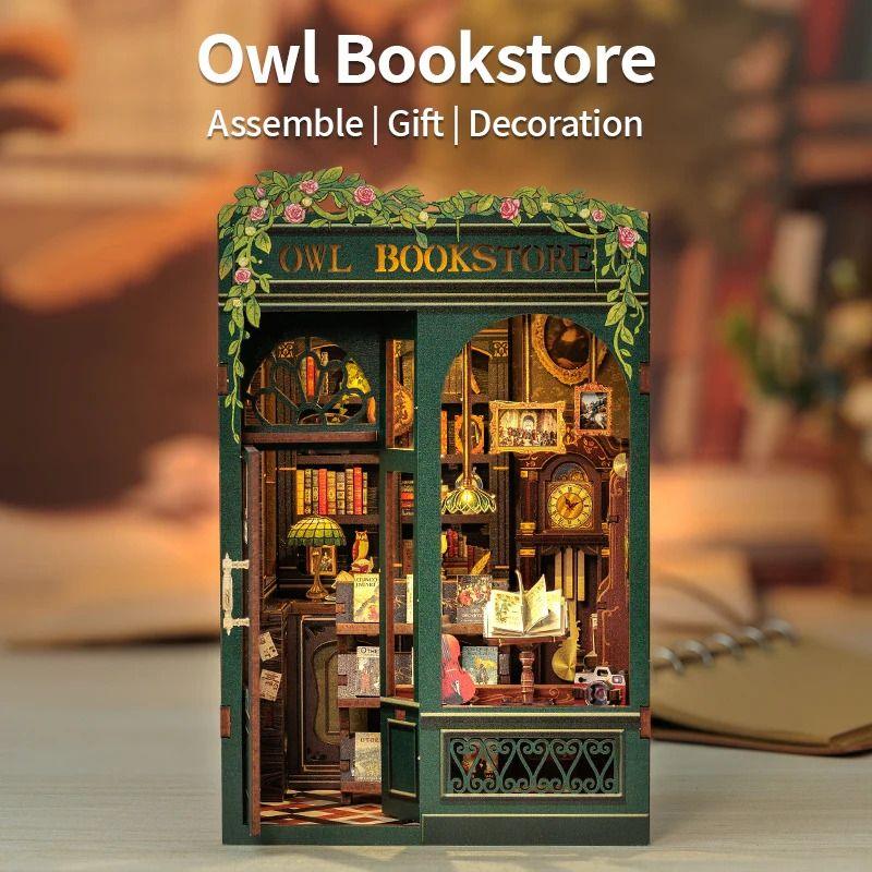 Owl Bookstore DIY Book Nook Kit, a miniature crafts inspired by Old London with rich detailed scenes, touch switch light, and easy snap-in design, perfect for 3D puzzles bookend lovers, model building lovers, dollhouse collectors, bookshelf insert decor, A great DIY project for Renaissance era lovers.