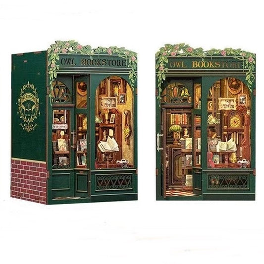 Owl Bookstore DIY Book Nook Kit, a miniature crafts inspired by Old London with rich detailed scenes, touch switch light, and easy snap-in design, perfect for 3D puzzles bookend lovers, model building lovers, dollhouse collectors, bookshelf insert decor, A great DIY project for Renaissance era lovers.