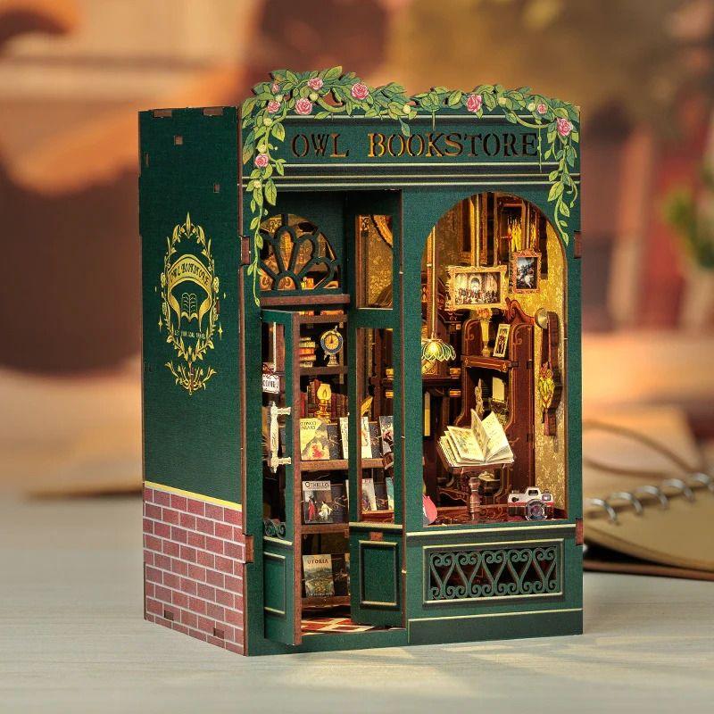 Owl Bookstore DIY Book Nook Kit, a miniature crafts inspired by Old London with rich detailed scenes, touch switch light, and easy snap-in design, perfect for 3D puzzles bookend lovers, model building lovers, dollhouse collectors, bookshelf insert decor, A great DIY project for Renaissance era lovers.