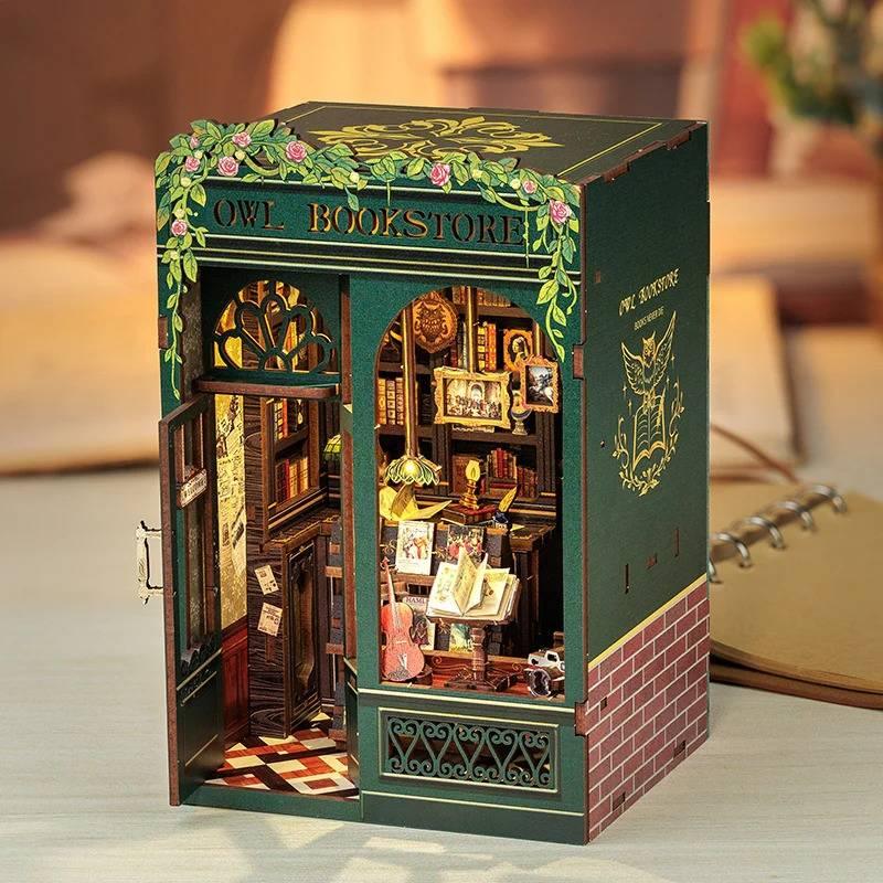 Owl Bookstore DIY Book Nook Kit, a miniature crafts inspired by Old London with rich detailed scenes, touch switch light, and easy snap-in design, perfect for 3D puzzles bookend lovers, model building lovers, dollhouse collectors, bookshelf insert decor, A great DIY project for Renaissance era lovers.