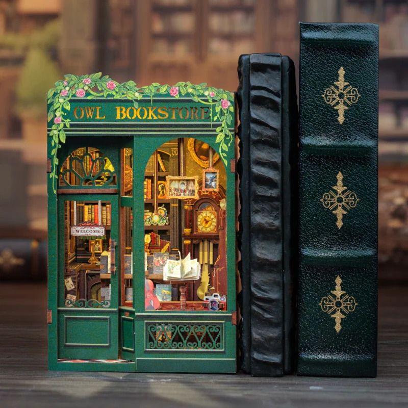 Owl Bookstore DIY Book Nook Kit, a miniature crafts inspired by Old London with rich detailed scenes, touch switch light, and easy snap-in design, perfect for 3D puzzles bookend lovers, model building lovers, dollhouse collectors, bookshelf insert decor, A great DIY project for Renaissance era lovers.