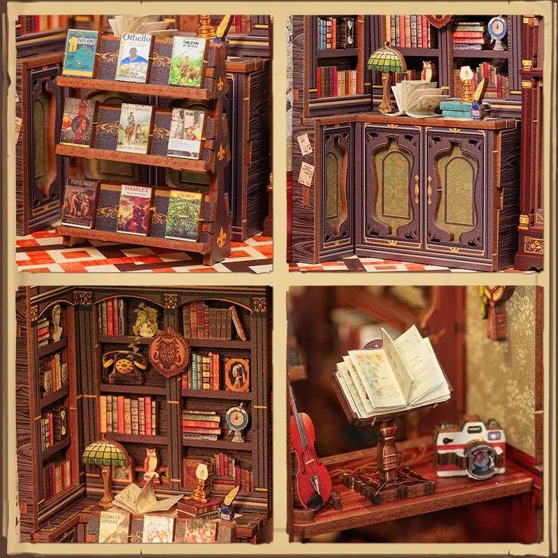 Owl Bookstore DIY Book Nook Kit, a miniature crafts inspired by Old London with rich detailed scenes, touch switch light, and easy snap-in design, perfect for 3D puzzles bookend lovers, model building lovers, dollhouse collectors, bookshelf insert decor, A great DIY project for Renaissance era lovers.