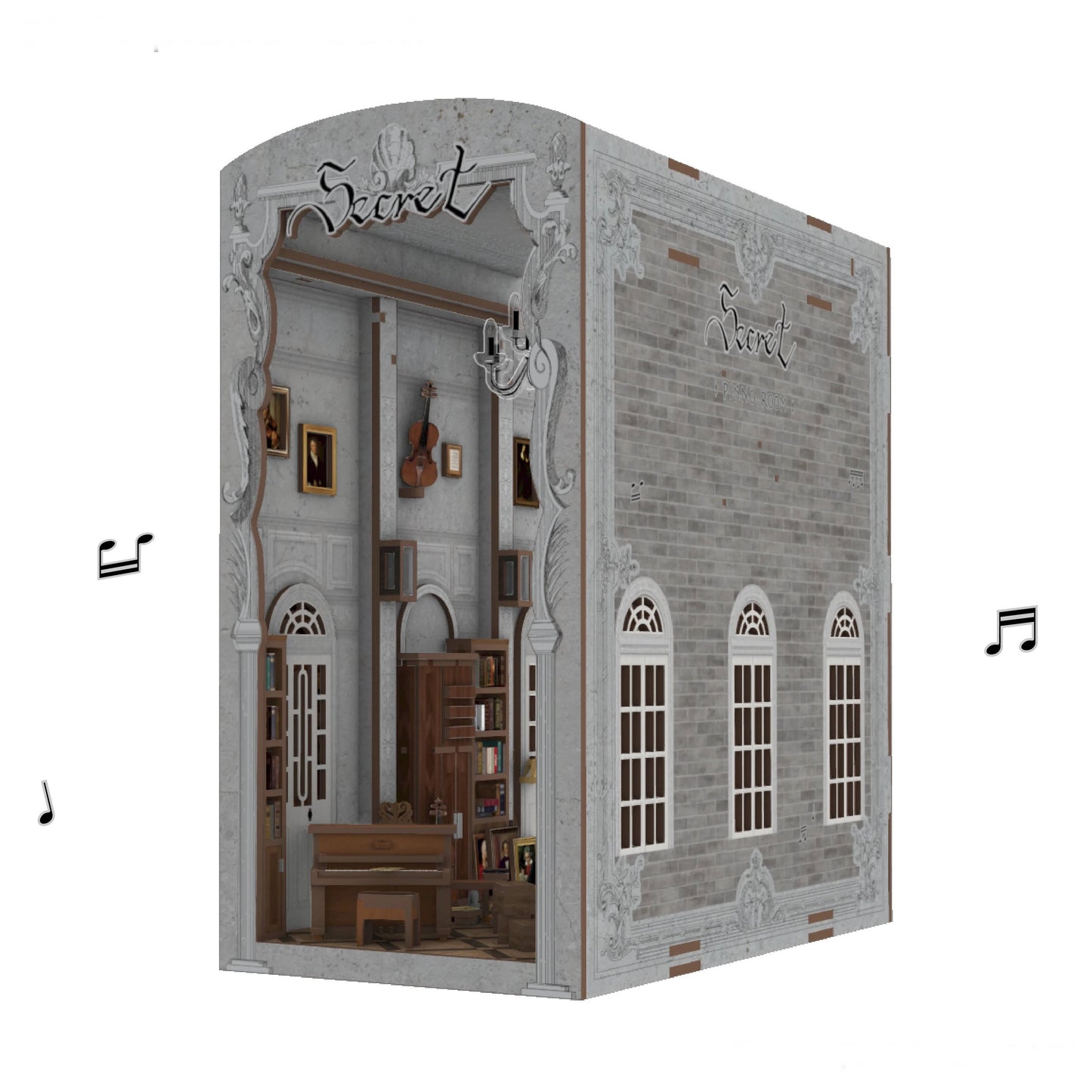 Piano Room DIY Book Nook Kit, Music themed bookshelf insert decor diorama, 3d wooden puzzles bookend, miniature house crafts - 45 angle view