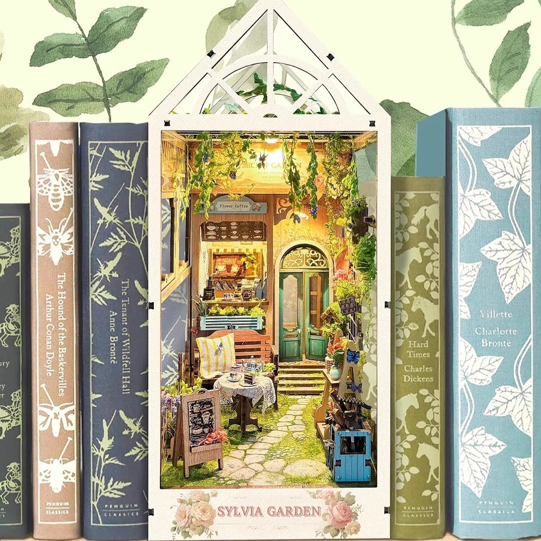 Sylvia Garden DIY Book Nook Kit | 3D Wooden Puzzle Bookend | Bookshelf Decor Diorama | Miniature House Book Stand
