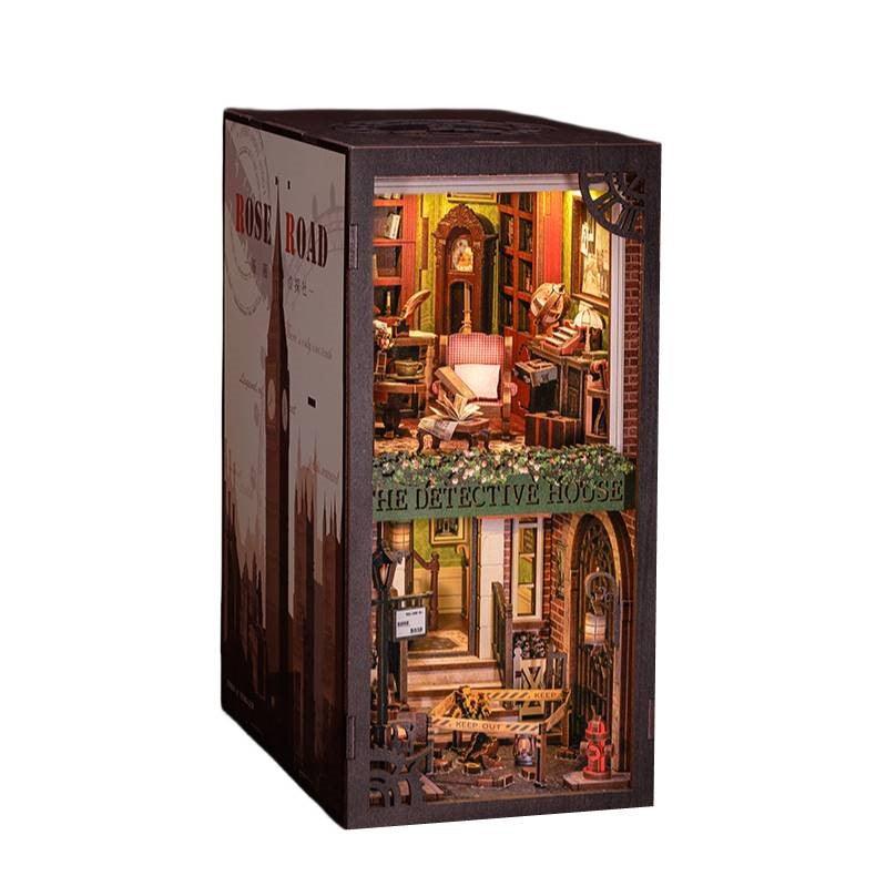 DIY Book Nook Kit, Rose Detective Agency Bookshelf Insert Decor, 3D Puzzle  Handmade Gift Miniature House Wooden with Light and Dust Cover 