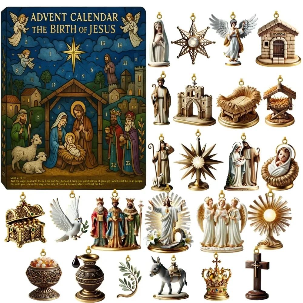 Advent calendar set with nativity scene figures and religious-themed decorations.