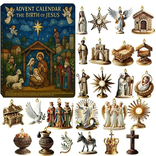 Advent calendar set with nativity scene figures and religious-themed decorations.
