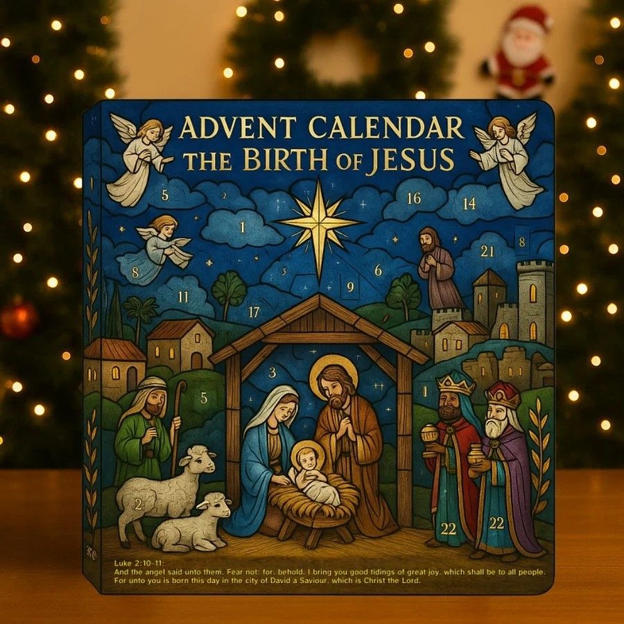Advent calendar titled 'The Birth of Jesus' with nativity scene illustration on a wooden surface.