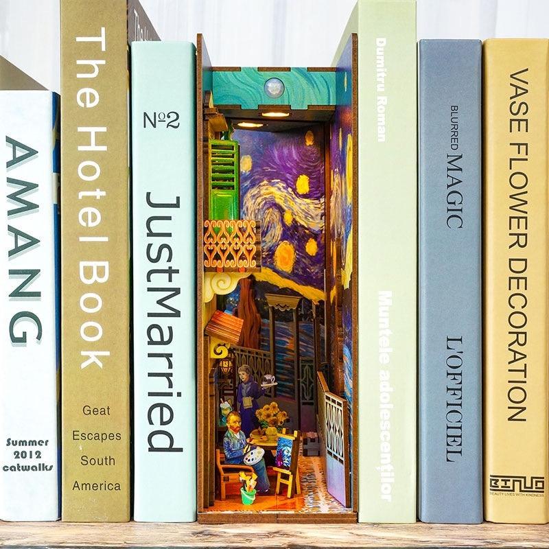 Van gogh diy book nook kit shelf insert diorama miniature crafts