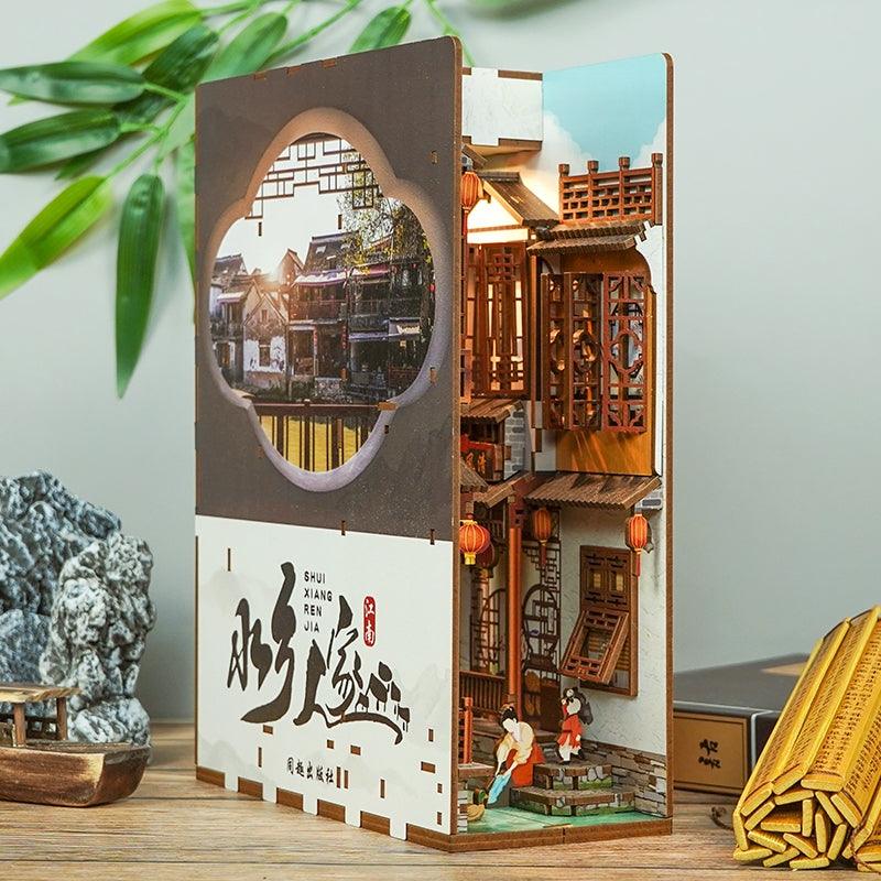 water town - diy book nook kit - bookshelf insert decor miniature diorama - side