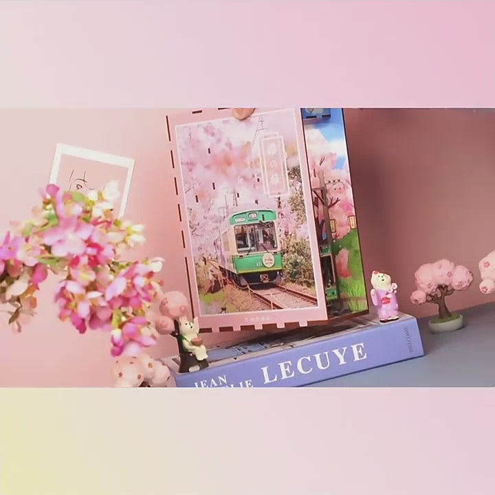 Japanese Sakura Densya DIY Book Nook Kit, A charming miniature 3d wooden puzzles the captures the essence of springtime in Japan, perfect for bookshelf decor or a delightful gift for Japanese culture lovers. Step-by-step guide