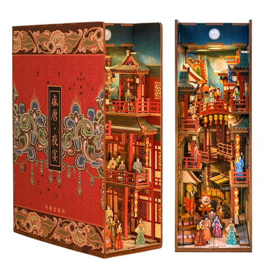 A Tang Dynasty Night Banquet DIY Book Nook Kit, A charming miniature 3d wooden puzzles the relives old Chinese, perfect for crafting enthusiasts, dollhouse collectors and Chinese culture lovers alike. Ideal for bookshelf decor of gifting.