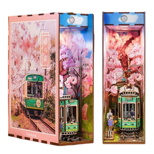 Japanese Sakura Densya DIY Book Nook Kit, A charming miniature 3d wooden puzzles the captures the essence of springtime in Japan, perfect for bookshelf decor or a delightful gift for Japanese culture lovers. Step-by-step guide