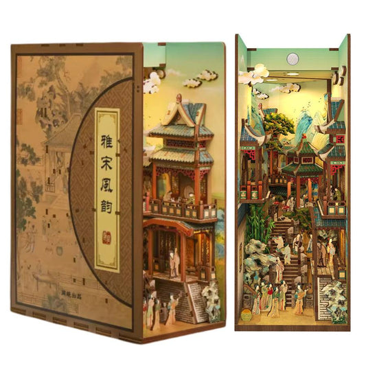 elegant song dynasty diy book nook kit,ancient Chinese themed bookshelf insert decor diorama, miniature house crafts, 3d wooden puzzles, assembly book end bookcase