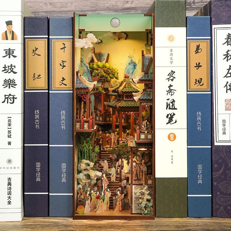elegant song dynasty diy book nook kit,ancient Chinese themed bookshelf insert decor diorama, miniature house crafts, 3d wooden puzzles, assembly book end bookcase