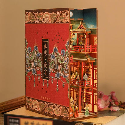 A Tang Dynasty Night Banquet DIY Book Nook Kit, A charming miniature 3d wooden puzzles the relives old Chinese, perfect for crafting enthusiasts, dollhouse collectors and Chinese culture lovers alike. Ideal for bookshelf decor of gifting. left side