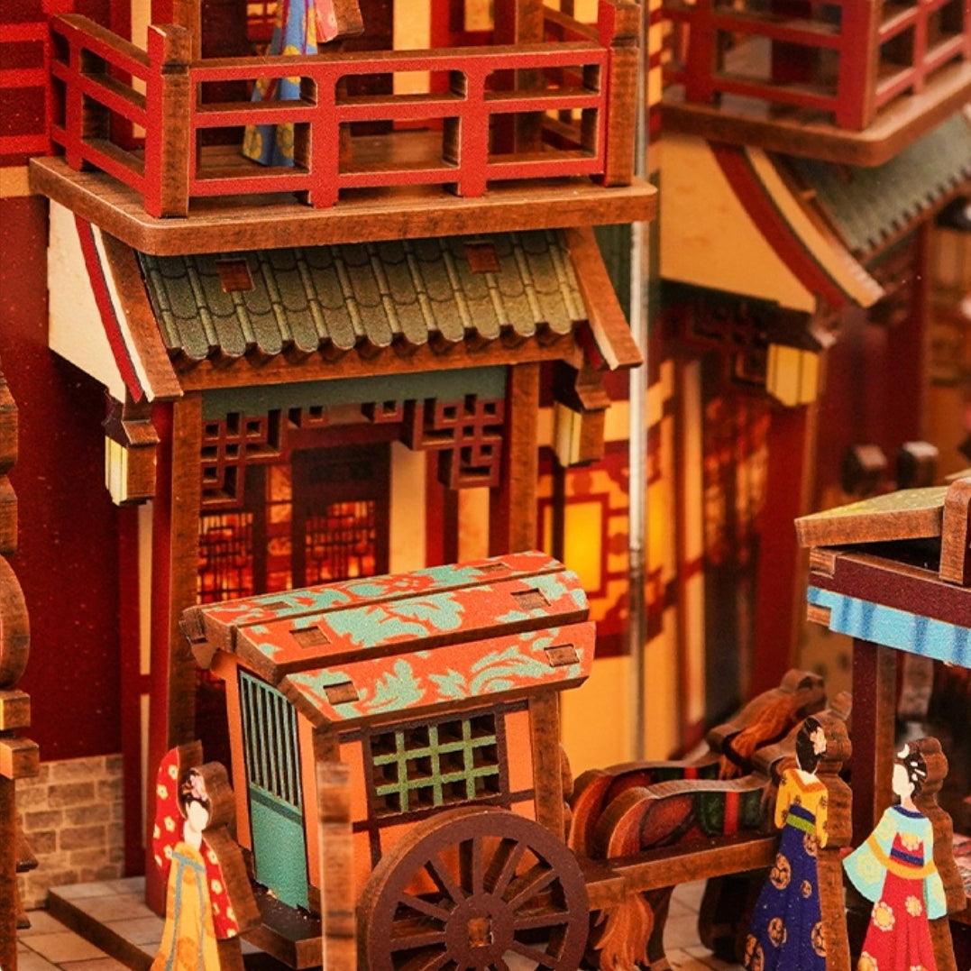 A Tang Dynasty Night Banquet DIY Book Nook Kit, A charming miniature 3d wooden puzzles the relives old Chinese, perfect for crafting enthusiasts, dollhouse collectors and Chinese culture lovers alike. Ideal for bookshelf decor of gifting. Scene 2