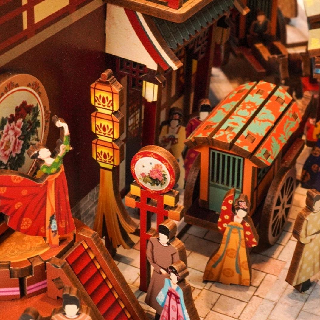 A Tang Dynasty Night Banquet DIY Book Nook Kit, A charming miniature 3d wooden puzzles the relives old Chinese, perfect for crafting enthusiasts, dollhouse collectors and Chinese culture lovers alike. Ideal for bookshelf decor of gifting.Scene03