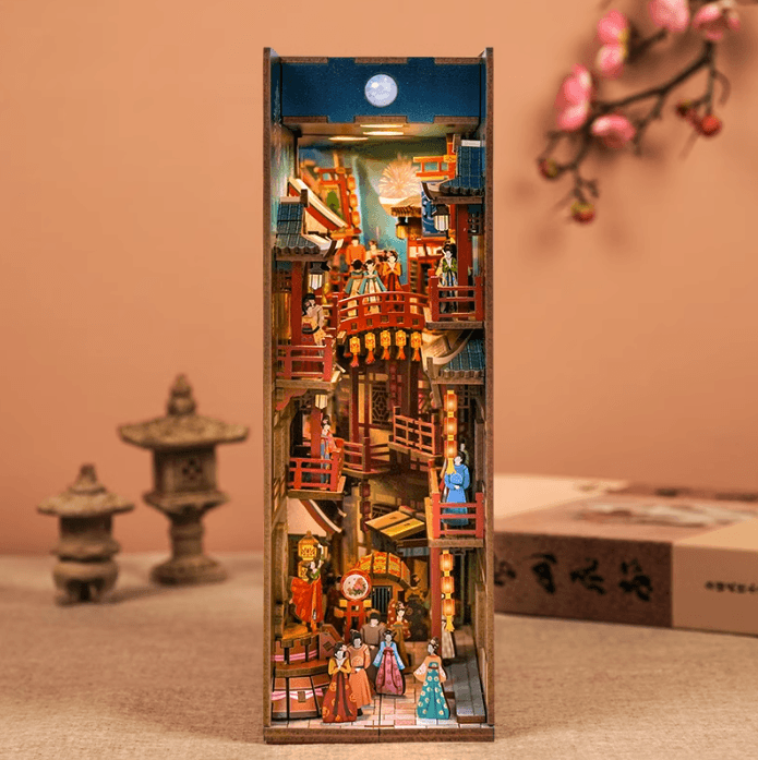 A Tang Dynasty Night Banquet DIY Book Nook Kit, A charming miniature 3d wooden puzzles the relives old Chinese, perfect for crafting enthusiasts, dollhouse collectors and Chinese culture lovers alike. Ideal for bookshelf decor of gifting.